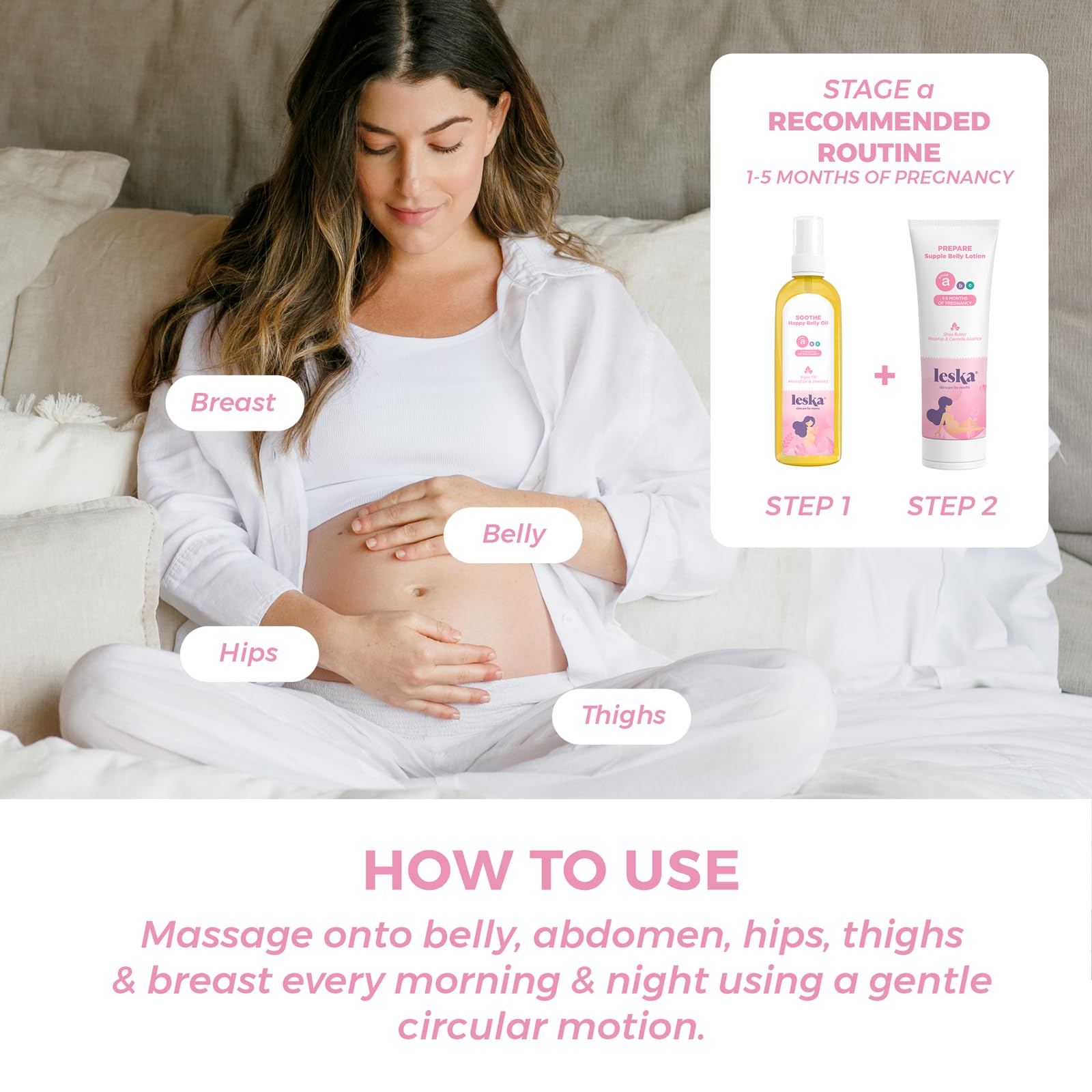 Leska Maternity Lotion & Oil | STAGE A: PREPARE & SOOTHE Supple Belly Lotion & Happy Belly Oil (Pregnancy Months 1-5) | Part of a Complete 3-Stage Pregnancy Skincare System | New Mom Gifts (4-4.22oz)