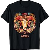 Aries Sign Floral Zodiac Boho Botanical Ram Astrology T-Shirt