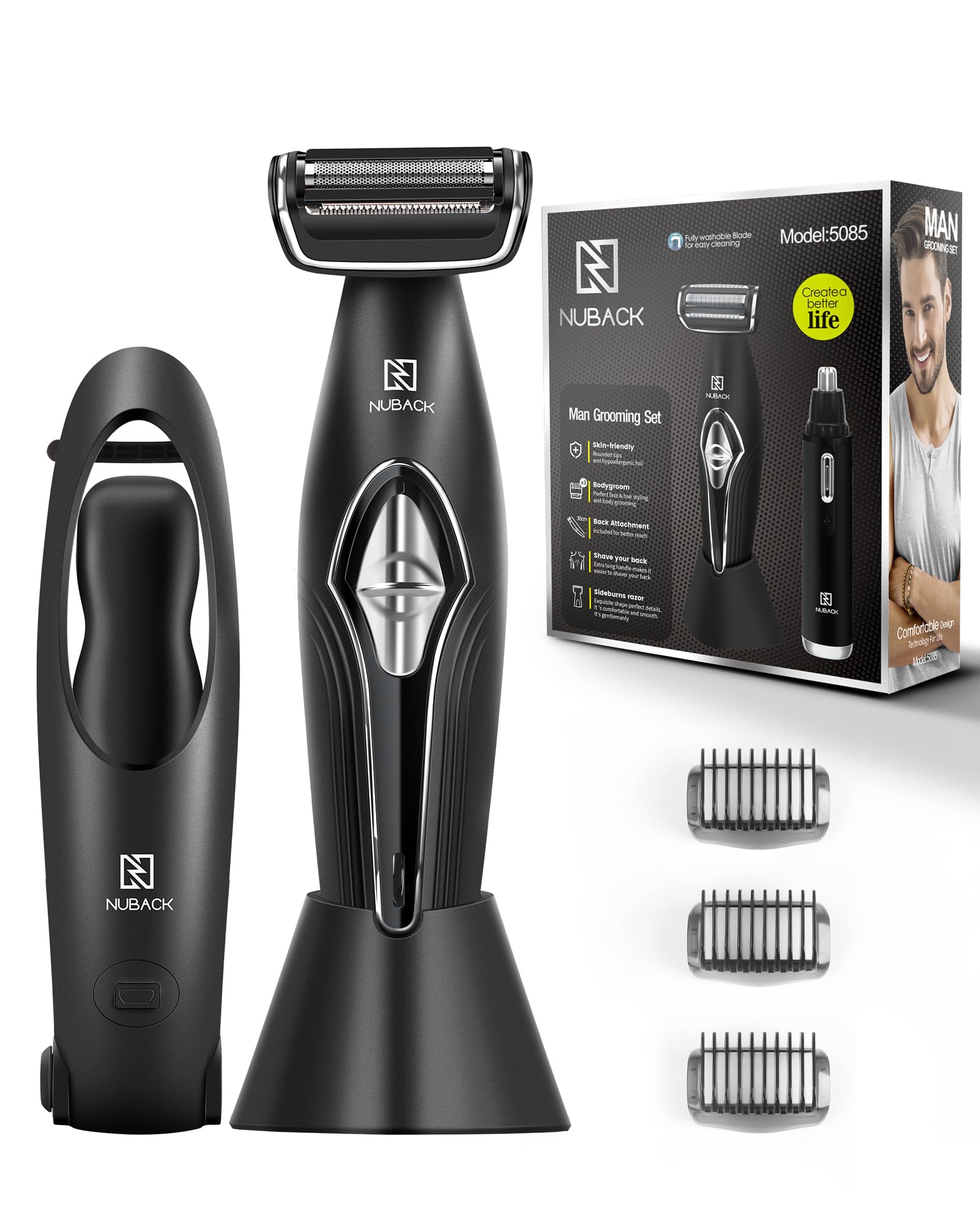 FERRISA Electric Back Shavers for Men, Mens Back Shavers with Adjustable Handle, Wet Or Dry Waterproof Body Hair Trimmer, Cordless Rechargeable Body Groomer Men Kit with Nose Hair Trimmer
