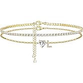 CIOMY Gold Initial Ankle Bracelets for Women 14K Gold Plated CZ heart Tennis Anklets for Women Waterproof Layered Adjustable Letter Anklets Large Ankle Summer Beach Foot Jewelry