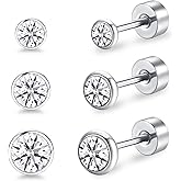 FACOKO 3 Pairs Ladies Flat Back Titanium Stud Earrings Crystal Decoration Anti-Allergy Transparent/Purple Available 3MM/4MM/5MM Safety Stud Set For Sensitive Ears