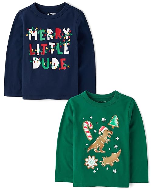 The Children's Place,Baby Boys,and Toddler All Holidays Long Sleeve Graphic T-Shirts,multipacks,Dino Gingerbread/Merry Dude 2-Pack,4 Years