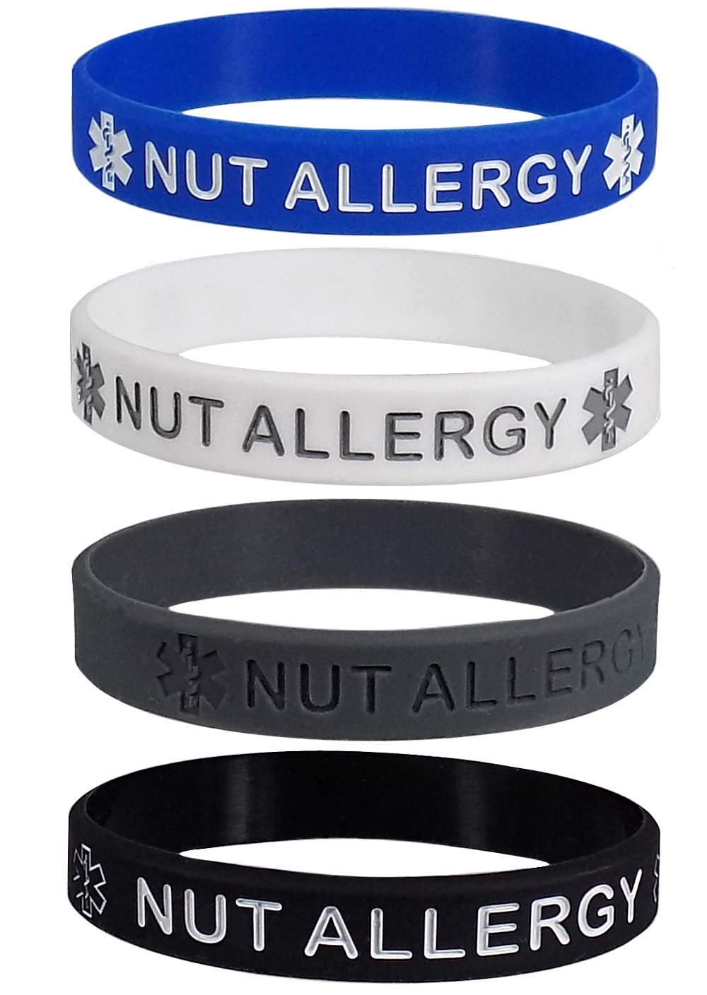 Max Petals NUT Allergy Silicone Wristbands - Blue, Grey, White and Black Adult Size (4 Pack)