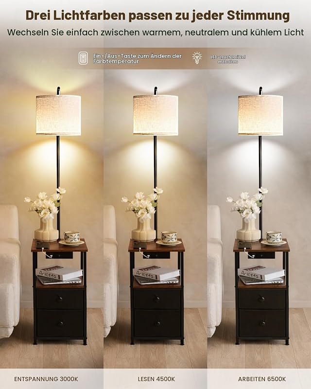 Stehlampe mit Tisch und 2 Schubladen, Nachttischlampe mit USB & Typ-C Ladefunktion, Stehleuchte mit 3 Farbtemperaturen und verstellbarem Lampenschirm, LED Stehlampe für Wohnzimmer und Schlafzimmer