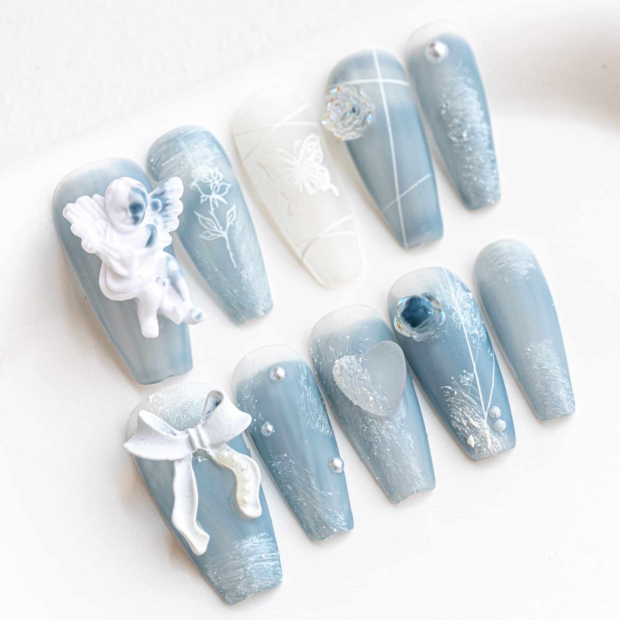 Sun&Beam Nails Handmade Press On Nail Coffin Ballerina 3D Accessories Blue Acrylic Fake Tip Design Art Charms Cute with Storage Box 10 Pcs (S) — image 1