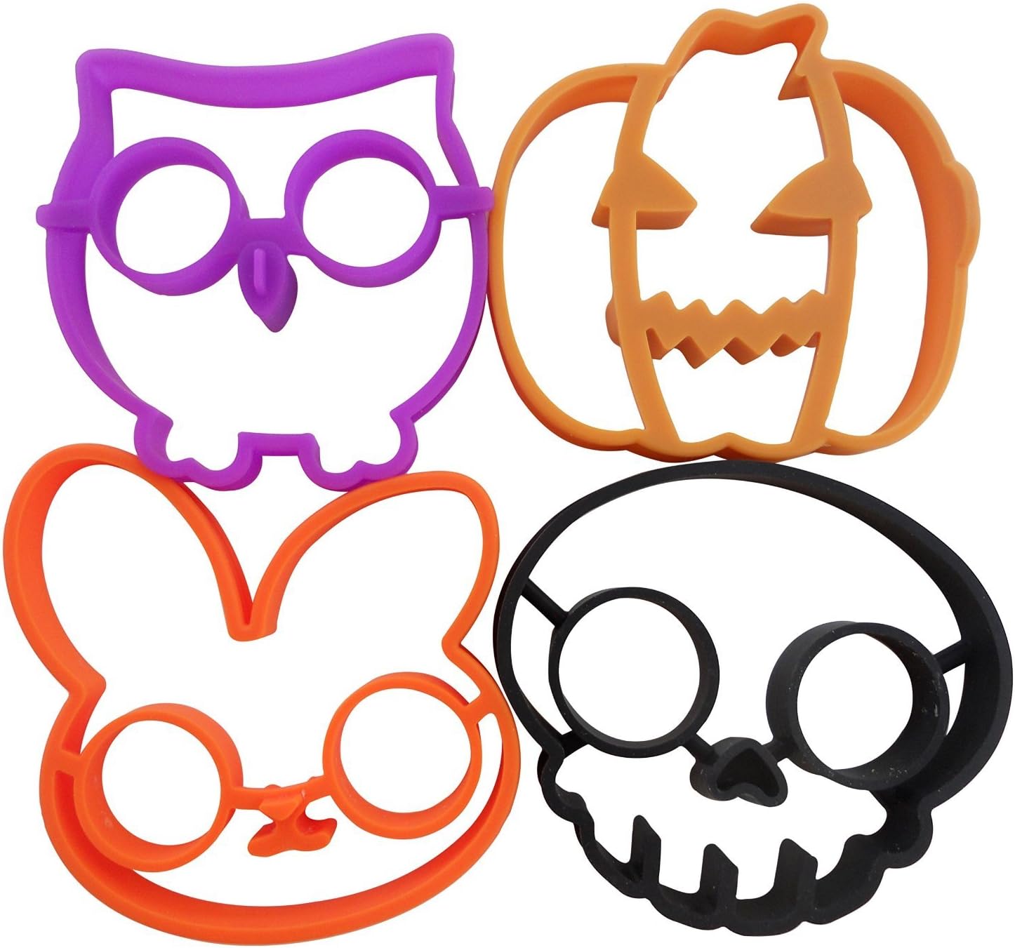 Friendly Kitchens Reuseable Silicone Pancake and Baking Molds & Egg Rings: Skull, Owl, Pumpkin, and Bunny 4-Pack