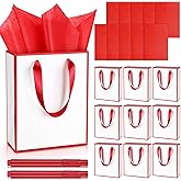 Yeaqee 10 Pack Metallic Paper Gift Bags with Handles Tissue Paper Thank You 5 Senses Gift Bag for Birthday Wedding Baby Shower Groomsmen Bridal Anniversary Favor 9 x 7 x 3.15''(White,Red)