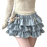 RILGOU Kawaii Gothic Lolita Casual Style Elastic Waist Cute Bows Lace Tiered Pleated Short Skirt with Shorts Underneath