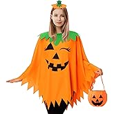 KOFECIT 3 PCS Halloween Pumpkin Poncho for Women,Pumpkin Cape Costume with Headband and Candy Bag,Halloween Costume for Women Adults