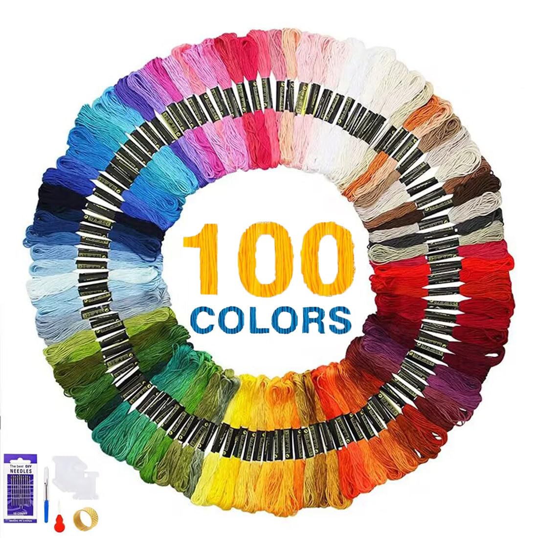 Embroidery Threads, 122 Pcs Cross Stitch Threads with 100 Rainbow Colored Embroidery Threads, Friendship Bracelets, Crafts Sewing Thread with Embroidery Needles, Floss Bobbins, Threader