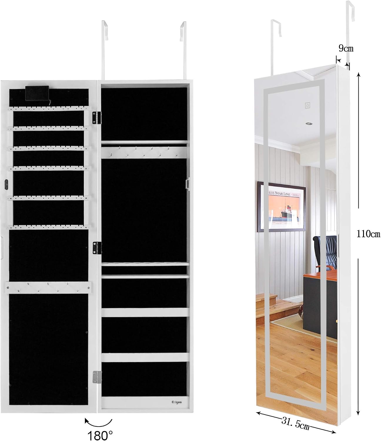 Ezigoo Full-Length Mirror Jewelry Cabinet with Storage - LED Lighted, Lockable, and Versatile Wall-Mounted Design - Image 4