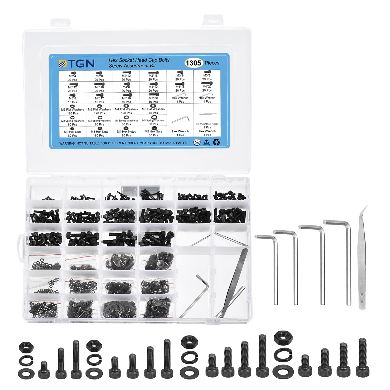 DTGN 1305Pcs Metric Screw Assortment, M2/M3/M4 Bolts and Nuts Kit, 12.9 Grade Steel Steel M2/M3/M4x4/8/12/16/20mm Hex Socket Head Cap Screws Bolt Set with Washer & Wrench