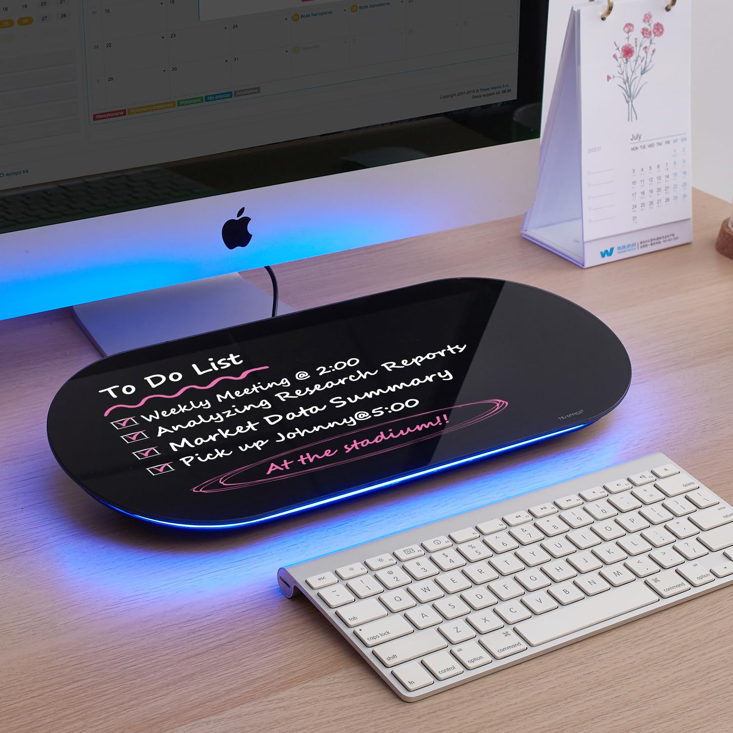 Photo 1 of ***(MISSING PARTS/ SEE NOTES)***TSJ OFFICE Glass Desktop Whiteboard - 17 X 7 Inches Small Dry Erase Board with Blue Light, Glass White Board Surface Notepad with 1 Drawer, Desk Organizers for Office, Home, School Supplies (Black)