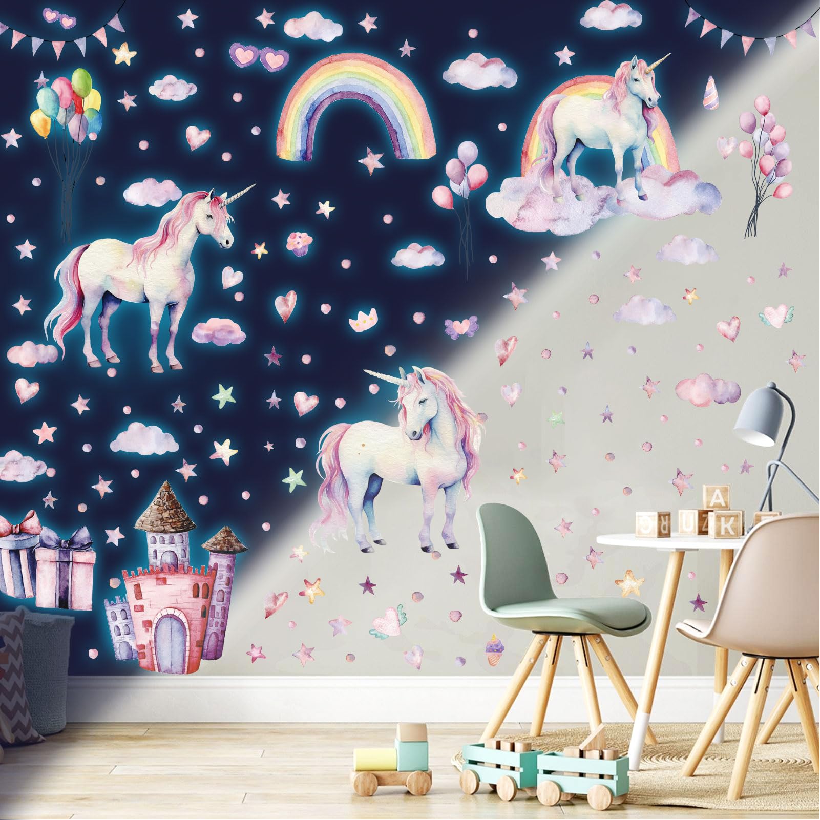 Tarklanda Glow in the Dark Stars for Ceiling Unicorn Wall Stickers Unicorn Wall Decals for Girls Bedroom Luminous Glow Unicorn Stars Ceiling Stickers for Baby Boys Kids Playroom Living Room Nursery — image 1