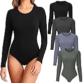 TVKSOM 4/5 Pack Long Sleeve Bodysuit for Women Round Neck Soft Breathable Casual Basic Stretchy Body Suits Tops