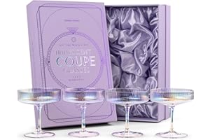 Vintage Art Deco Iridescent Coupe Glasses | Set of 4 | 7 oz Rainbow Colored Cocktail Glassware for Drinking Champagne, Martin