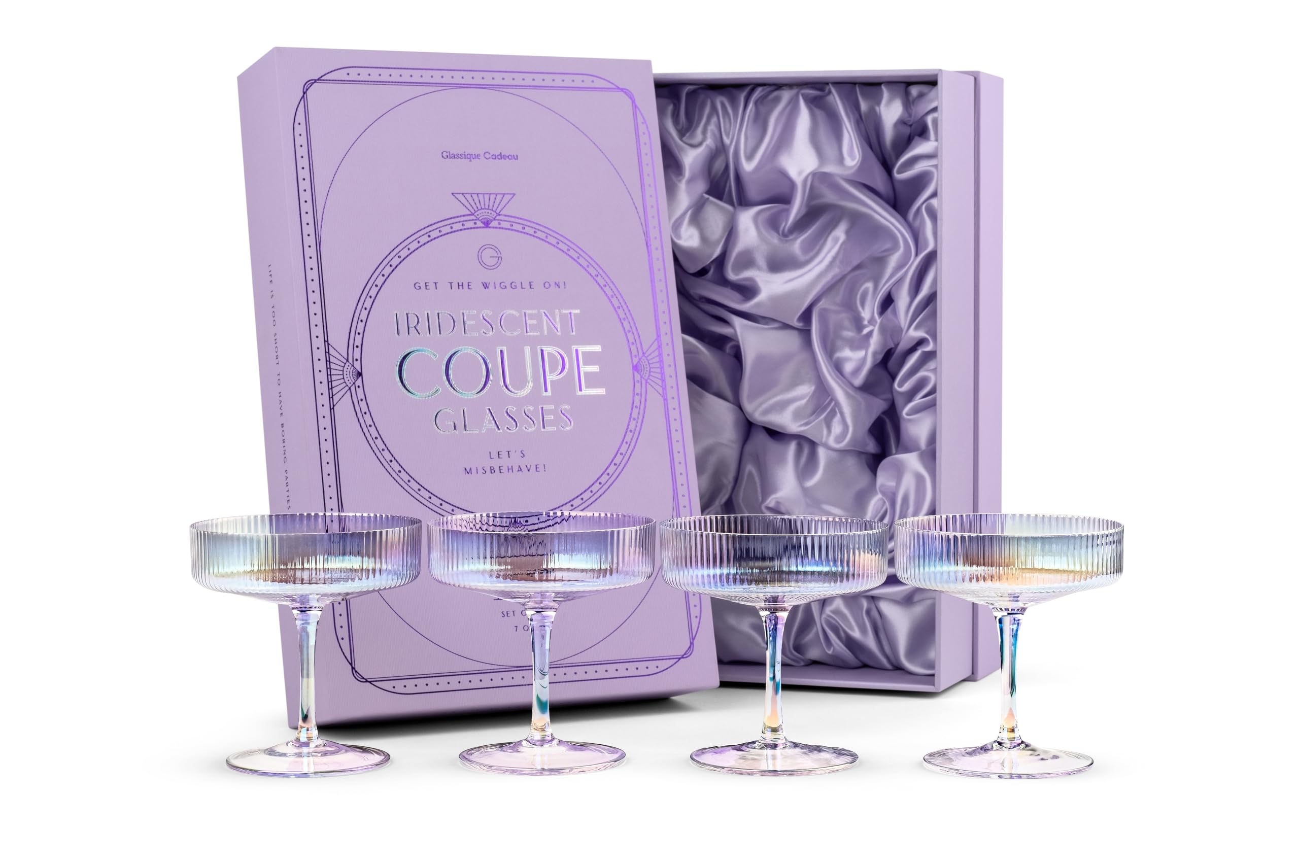 GLASSIQUE CADEAU Vintage Art Deco Iridescent Coupe Glasses | Set of 4 | 200 ml Rainbow Colored Crystal Cocktail Glassware for Drinking Champagne, Martini, Cosmopolitan