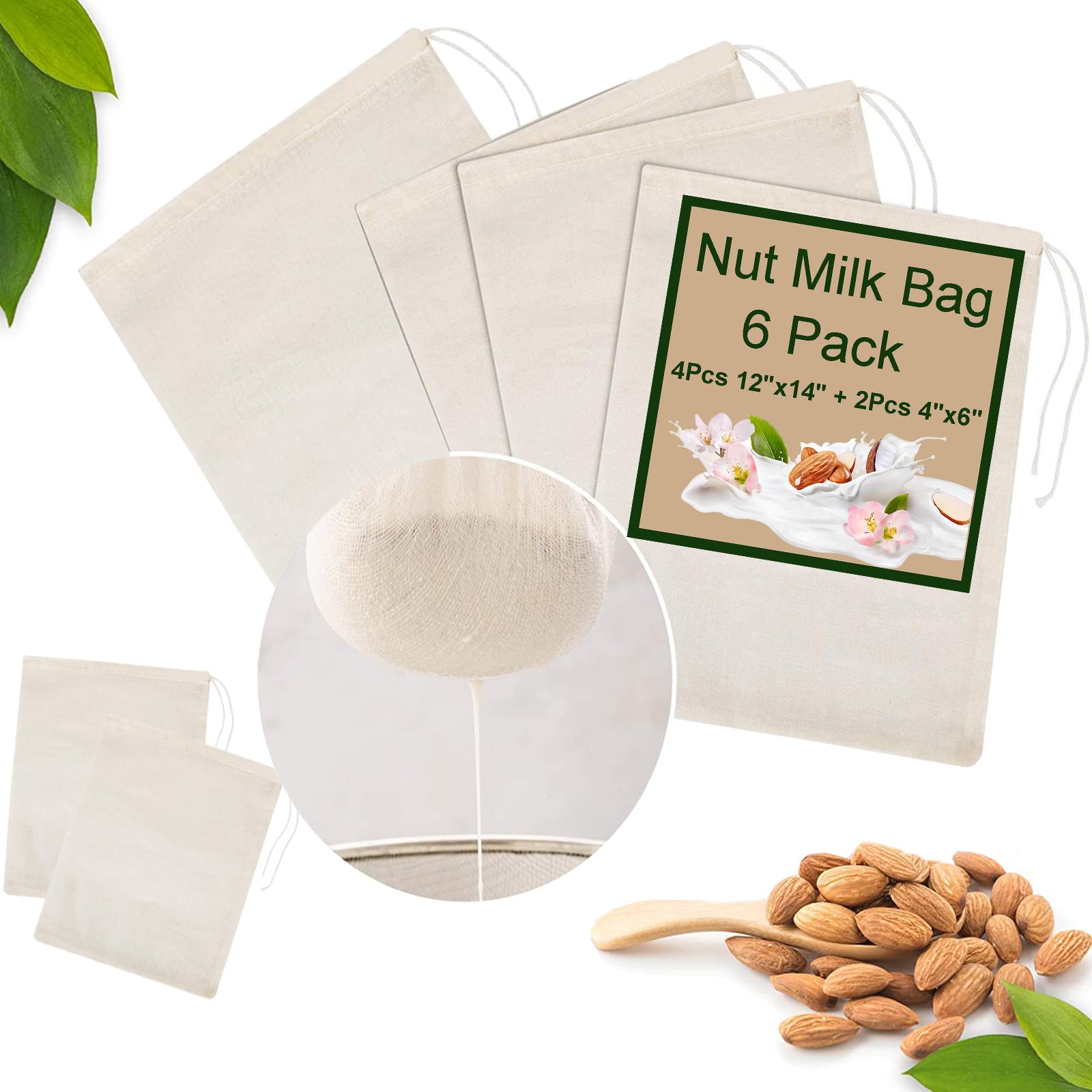 6 Pack Nut Milk Bags - Bojuzhi Unbleached Cotton Cheesecloth Bags for Straining, Nut Bag Strainer for Oat Almond Cold Brew Coffee Yogurt Juice Tea