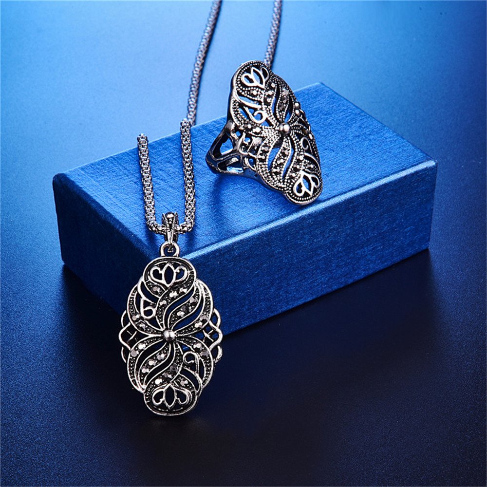 LUYUAN JEWELRY Punk Silvery Flower Wedding Jewelry Sets for Women, Fashion Zinc Alloy Crystal Pendant Necklace Earring Ring Set-Ring#8