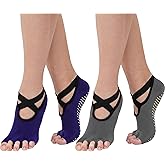 Now Happy On Yoga Socks For Women, Open-toe, Non-slip Grip, 2 Pairs for Ballet, Barre, Plasticity, Dance, Barefoot Workout