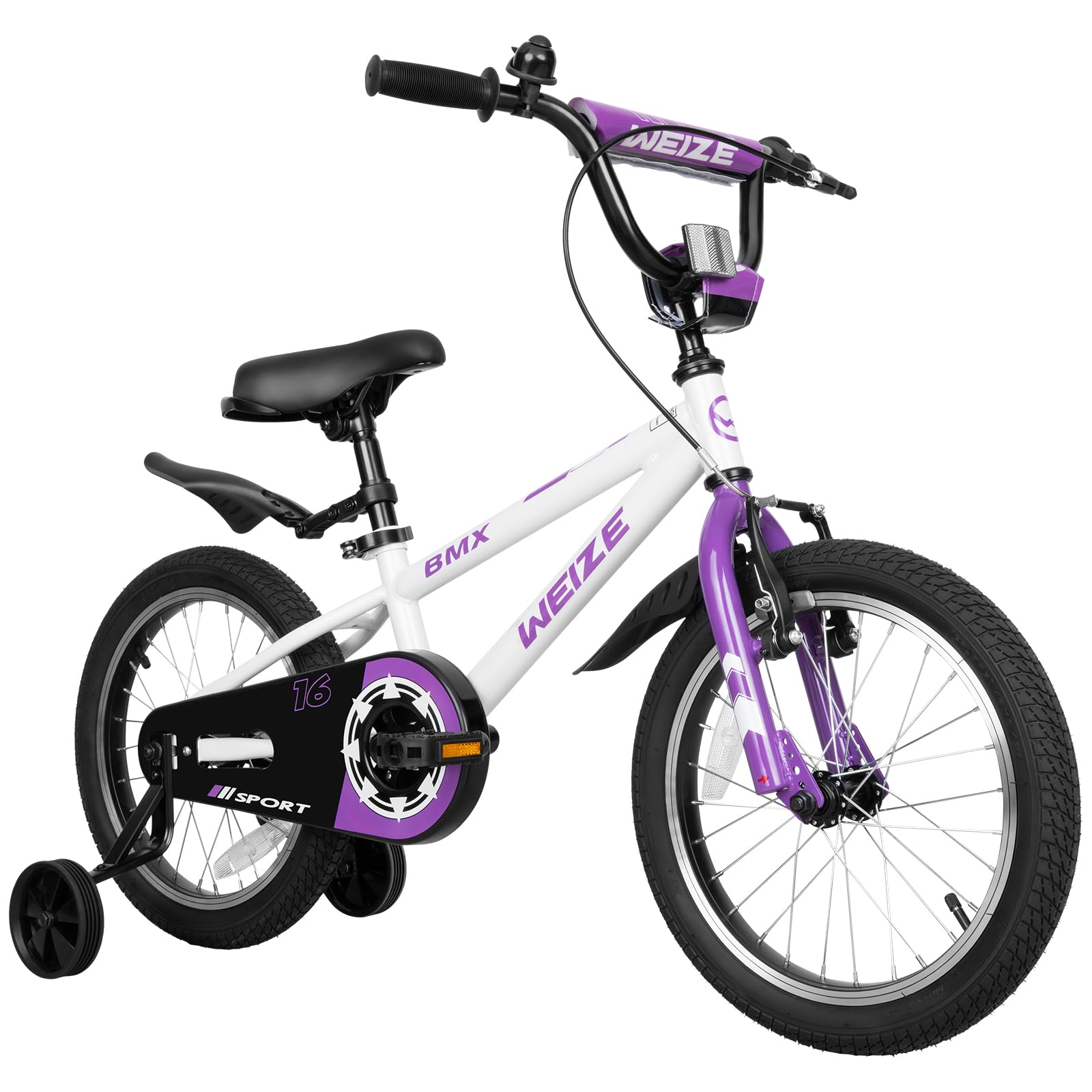 WEIZE Kids Bikes,16 Inch Boy's Bike for Kids,BMX Style Bicycle for Boys Girls Ages 4-12 Years Old,Kids Bicycle with Adjustable Seat,Training Wheels,Front and Rear Fender,White Image