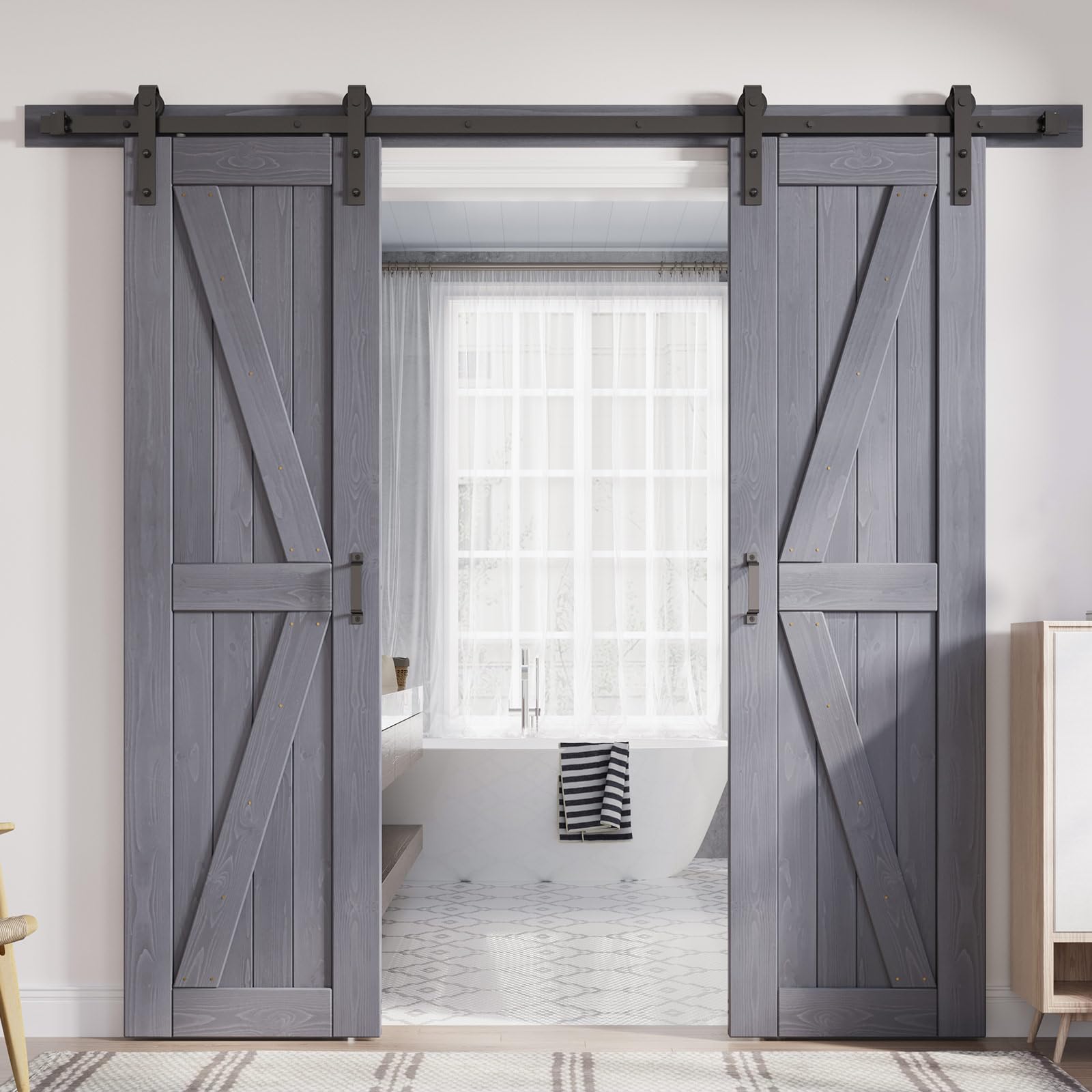 Photo 1 of FREDBECK Gray Double 24x84 Inch Doors 48 barn Door with 8FT Barn Door Hardware Kit Included K Shape Natural Spruce DWood ouble Surfaces,Simple Assembly is Required,Grey