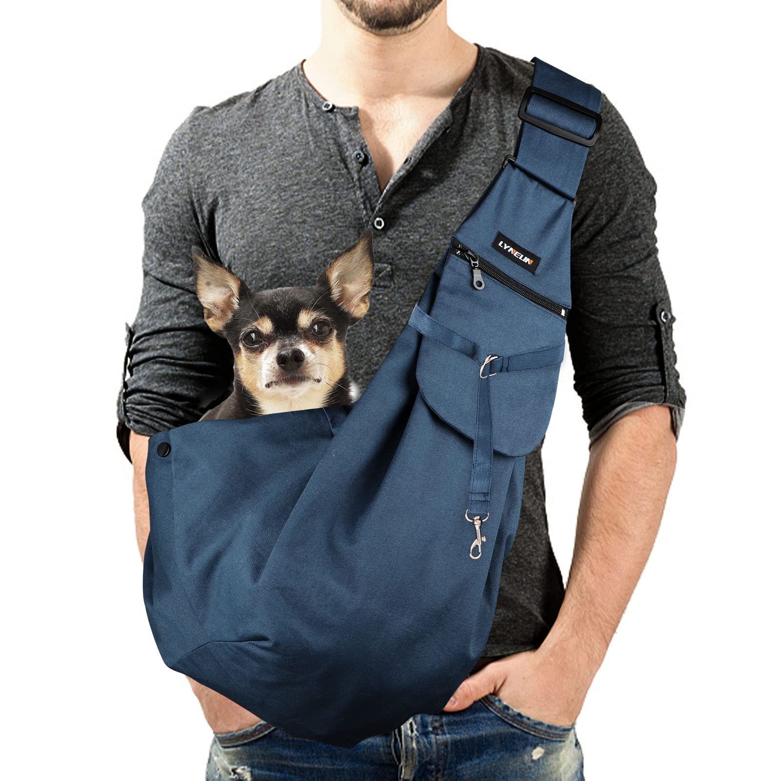 Lyneun Pet Hand-Free Sling Dog Carry Bag with Adjustable Shoulder Strap Double-sided Puppy Carrier with Front Pocket for Walking Travel Outdoor (Blue)