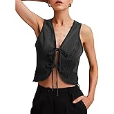 POLIRO Womens Denim Vest Crop Sleeveless V Neck Denim Top Retro Tie Up Front Jean Vest