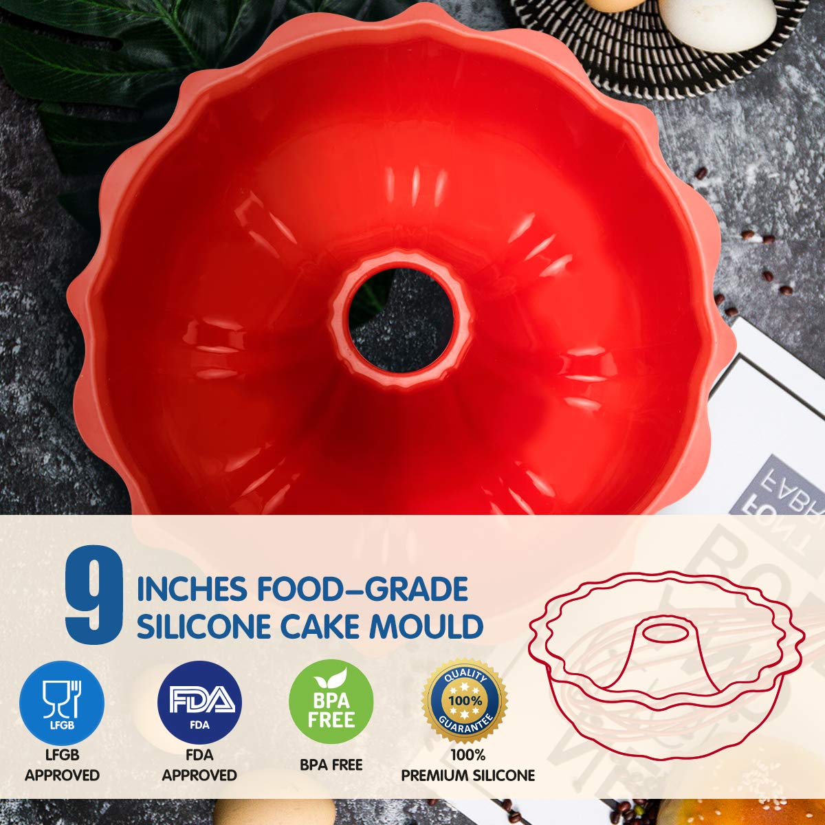 Lorchar Silicone Baking Cake Mould 9 Inches, Fluted Round Cake Pan, Non-Stick Bakeware Cake Tin for Jello, Gelatin, Cake, FDA LFGB Approved & BPA-Free, 25 cm (9 inch)