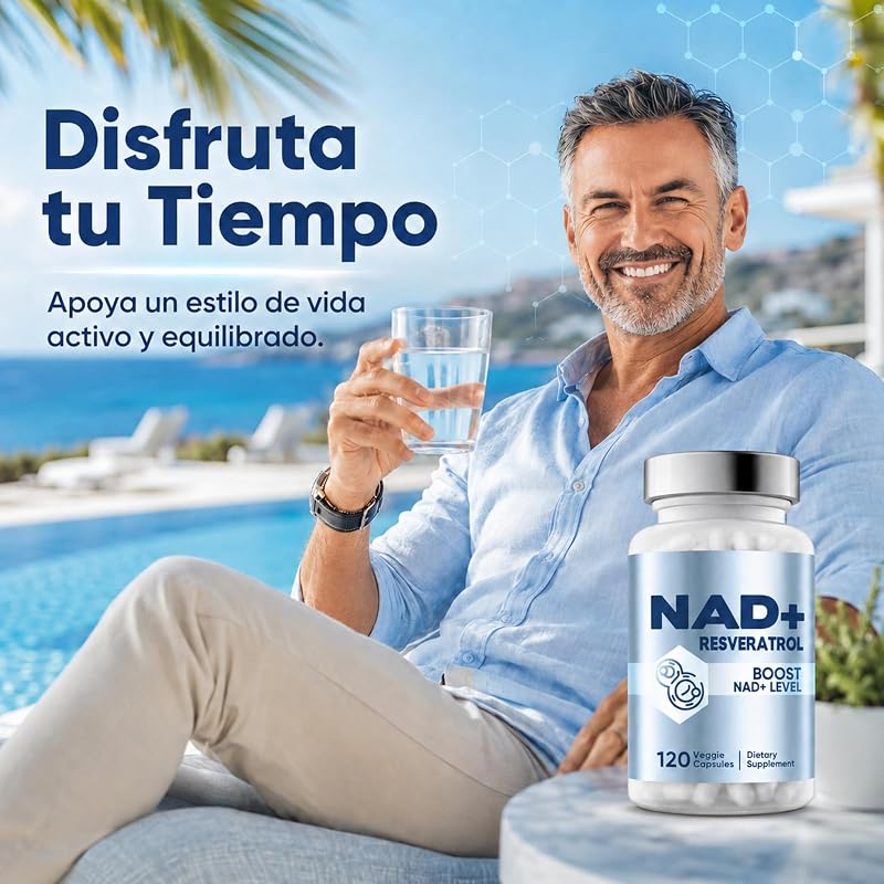 Suplemento de NAD+, 1500 mg de NAD e 250 mg de Trans-Resveratrol por porção, NAD Resveratrol para Suporte à Energia Celular, Vitalidade Diária e Envelhecimento Saudável, 120 Cápsulas Vegan