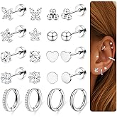 Beautidots Surgical Steel Cartilage Earrings for Women Flat Back Earrings 14K Gold Daith Conch Tragus Helix Piercing Jewelry Studs Hoop Earring Set for Multiple Piercing