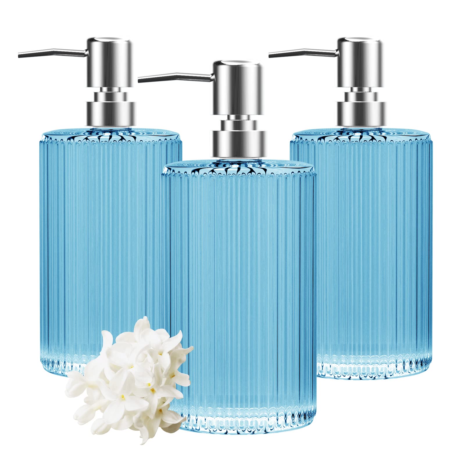HIYAA 3 Pack Glass Soap Dispenser 17 Oz Versatile Lotion Liquid Soap Dish Dispenser Hand Soap Dispenser with Pump for Bathroom, Countertop, Kitchen, Laundry Room (Blue) (3P-Blue)