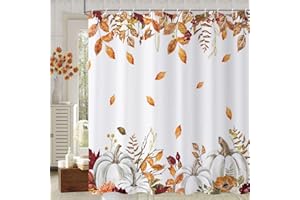 Caheansi Fall Pumpkin Shower Curtain, Watercolor Autumn Pumpkins with Gold Branches Falling Leaves Harvest Bathroom Curtain Waterproof Fabric Machine Washable with Hooks, 72" Wx72 L