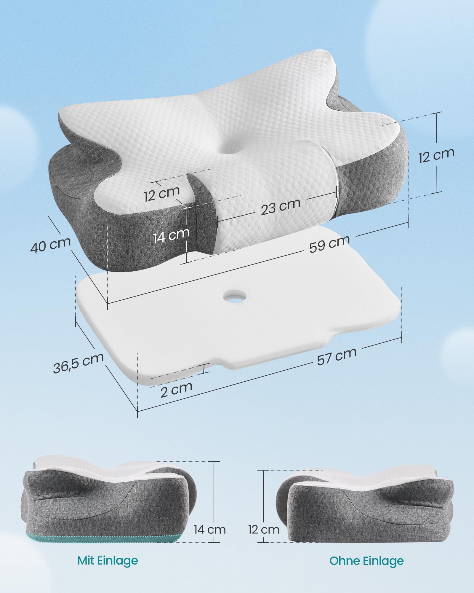 SONGMICS Kopfkissen, Kissen ergonomisch, Nackenkissen, höhenverstellbar, Schlafkissen, Memory Foam Kissen, für Seitenschläfer, Rückenschläfer & Bauchschläfer, wolkenweiß-Taubengrau TBP051GZ02 7