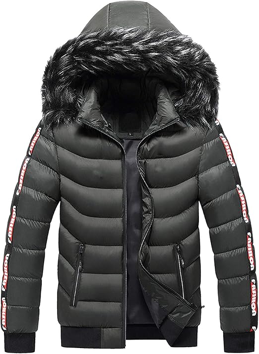 DreamedU Puffa Jackets Mens Coat with Fur Hood Winter Jacket Men Biker