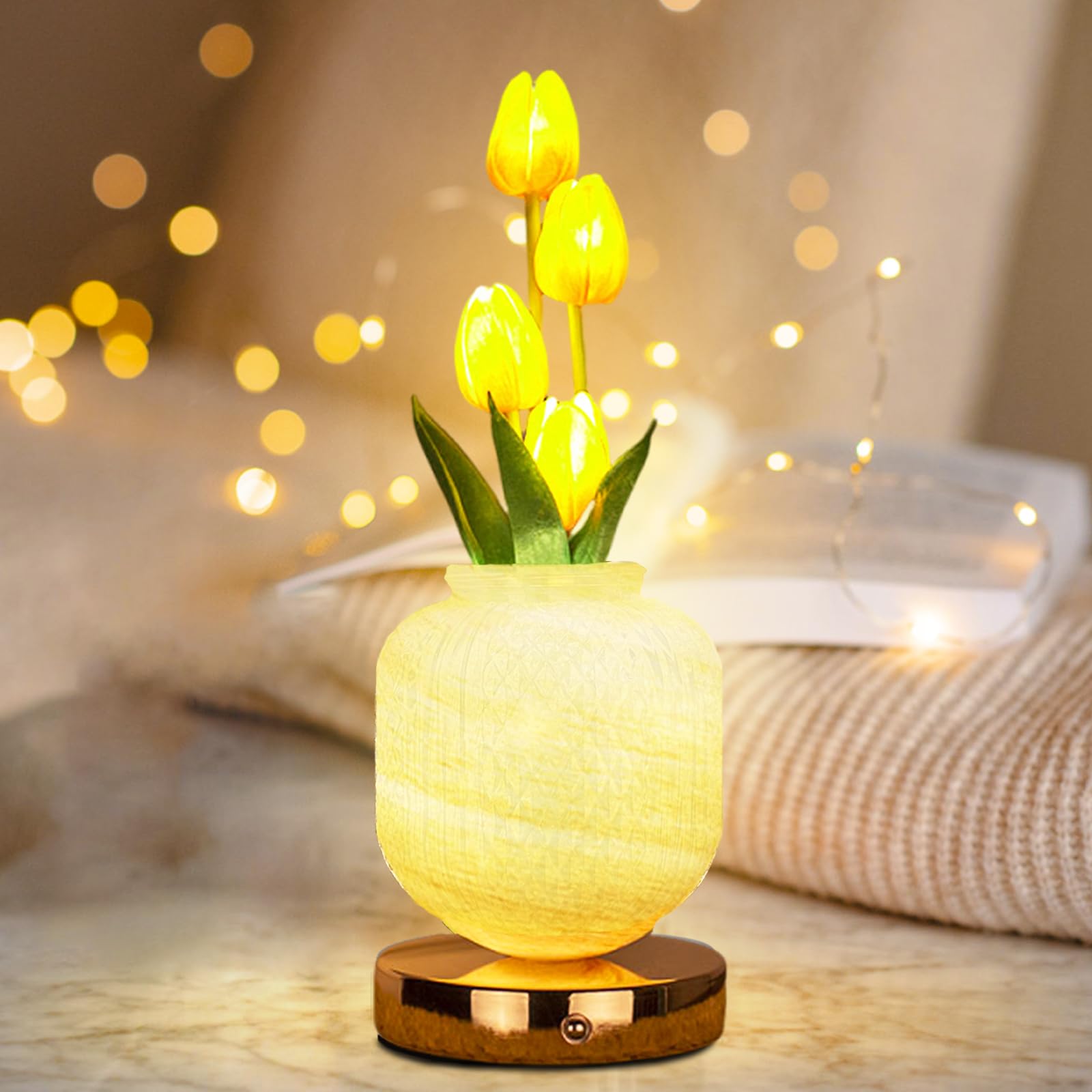 Strackvial Tulip Table Lamp, 3 Colors Touch Dimming Artificial Flower Night Light, Rechargeable Cordless LED Flower with Vase Lamp, Desk Lamps for Living Room Office Home Decor (Yellow)