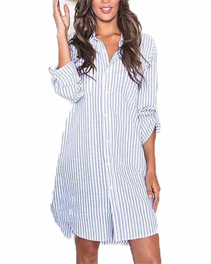 Auxo Damen Streifen Langarm V-Ausschnitt Party T-Shirt Lose Tops Langshirt Hemdkleider