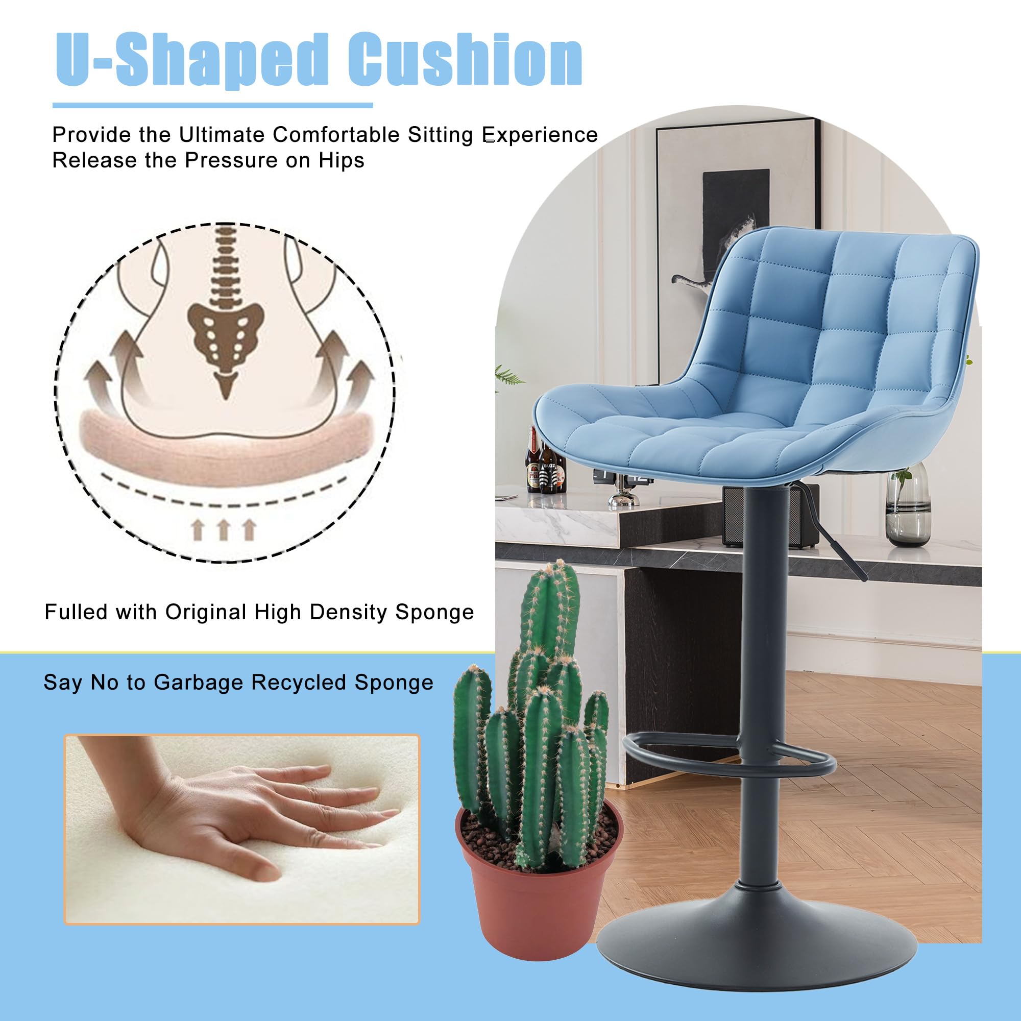 YOUTASTE Blue Bar Stools Set of 2 Counter Height