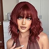 Wine Red Short Wavy Wigs with Bangs Bob Wig Shoulder Length 14Inch Synthetic Hair for Women Girl Colorful Cosplay Wig Synthetic Heat Resistant Fiber Hair for Daily Party Halloween Use(118A#WineRed)