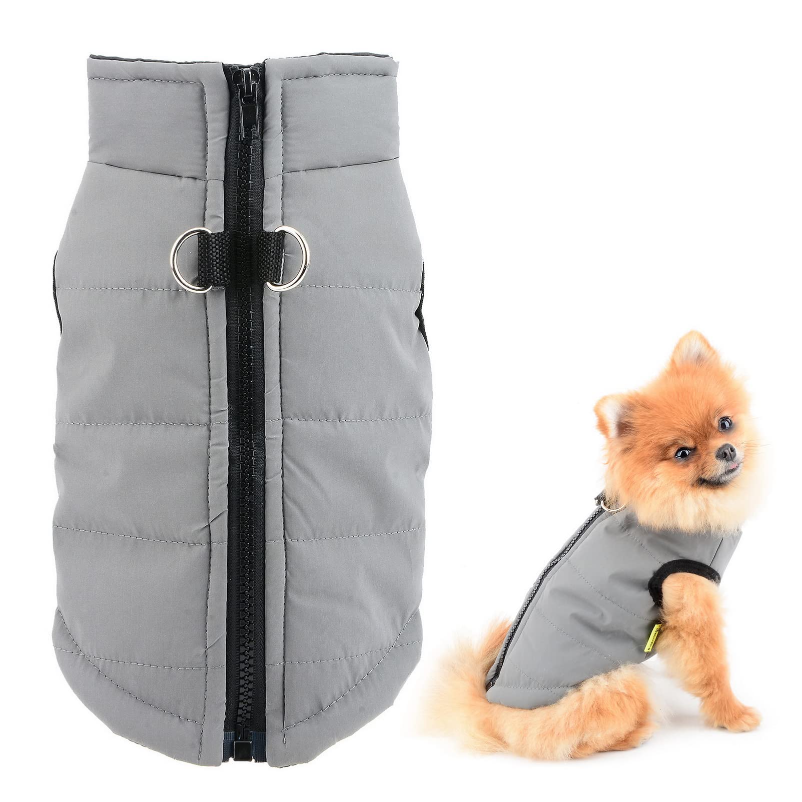 SMALLLEE_LUCKY_STORE Pet Waterproof Winter Jacket Vest with D-ring for Small Dog Cat Zip-up Padded Puppy Coat Chihuahua Yorkie Kitten Warm Clothes,Grey,XS