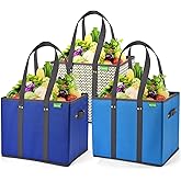 NERUB Reusable Grocery Bags Shopping Bags Grocery Tote Bag with Reinforced Bottom Heavy Duty Handles (Set of 3, Blue/Gray/Wave)
