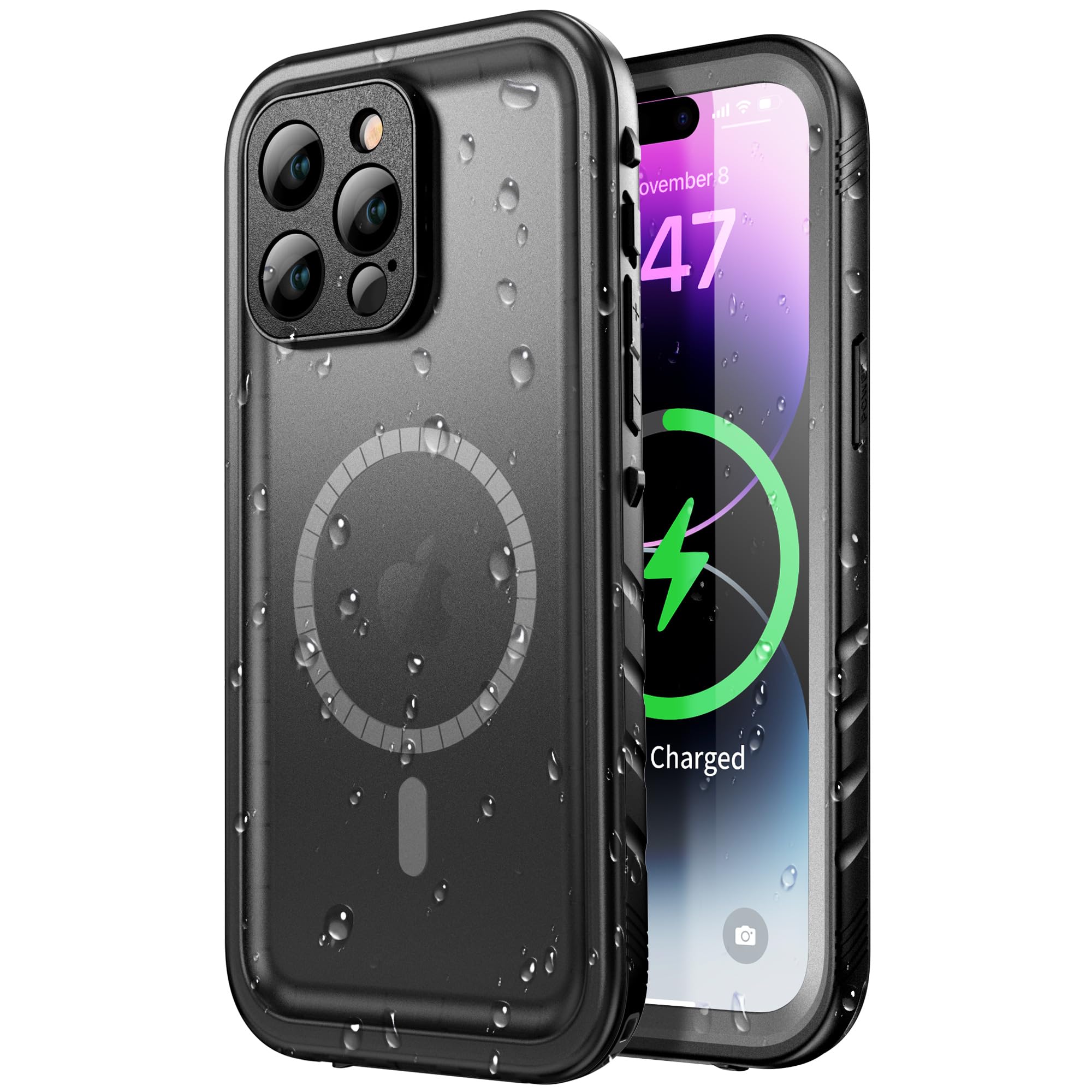 SPORTLINK Waterproof Case - Shockproof Heavy Duty Front Back Cover Built in Screen/Camera Protector 360 Full Body Protective IP68 Dustproof Military Bumper for iPhone 14 Pro Max (6.7"), Black-Magnetic
