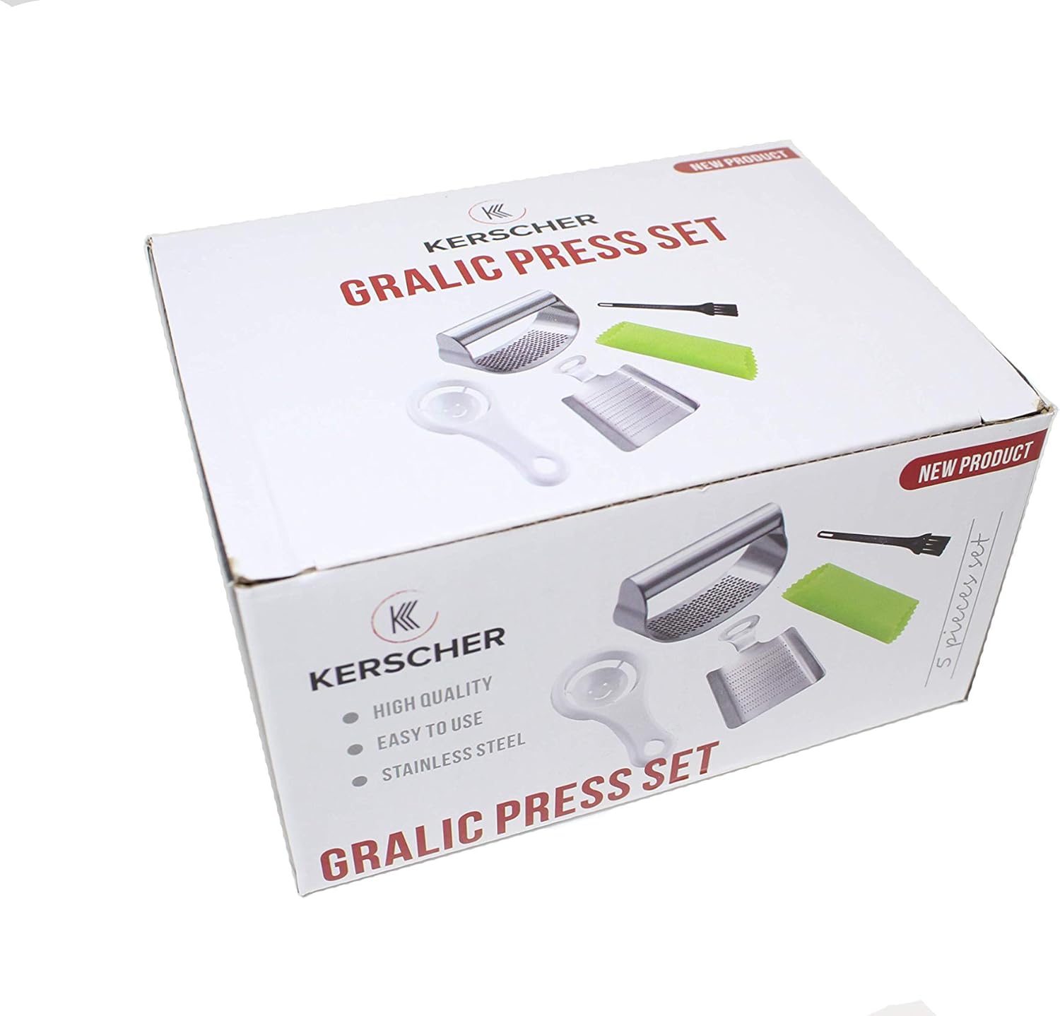 KERSCHER PREMIUM GARLIC SET: GARLIC stainless steel crusher mincer GINGER minced zester EGG Separator Garlic silicone peeler roller, and Brush cleaning.