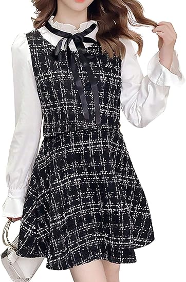Amazon ワンピース レディース 綺麗 ドレス 女子会 フォーマル セット風 長袖 フレア 大人 可愛い リボン フリル ツイード 韓国 ワンピース チュニック 通販