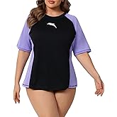 Halcurt Women's Plus Size Short Sleeve Rash Guard Swim Shirt with Built in Bra UPF50+ Lightweigt Swimsuit Top