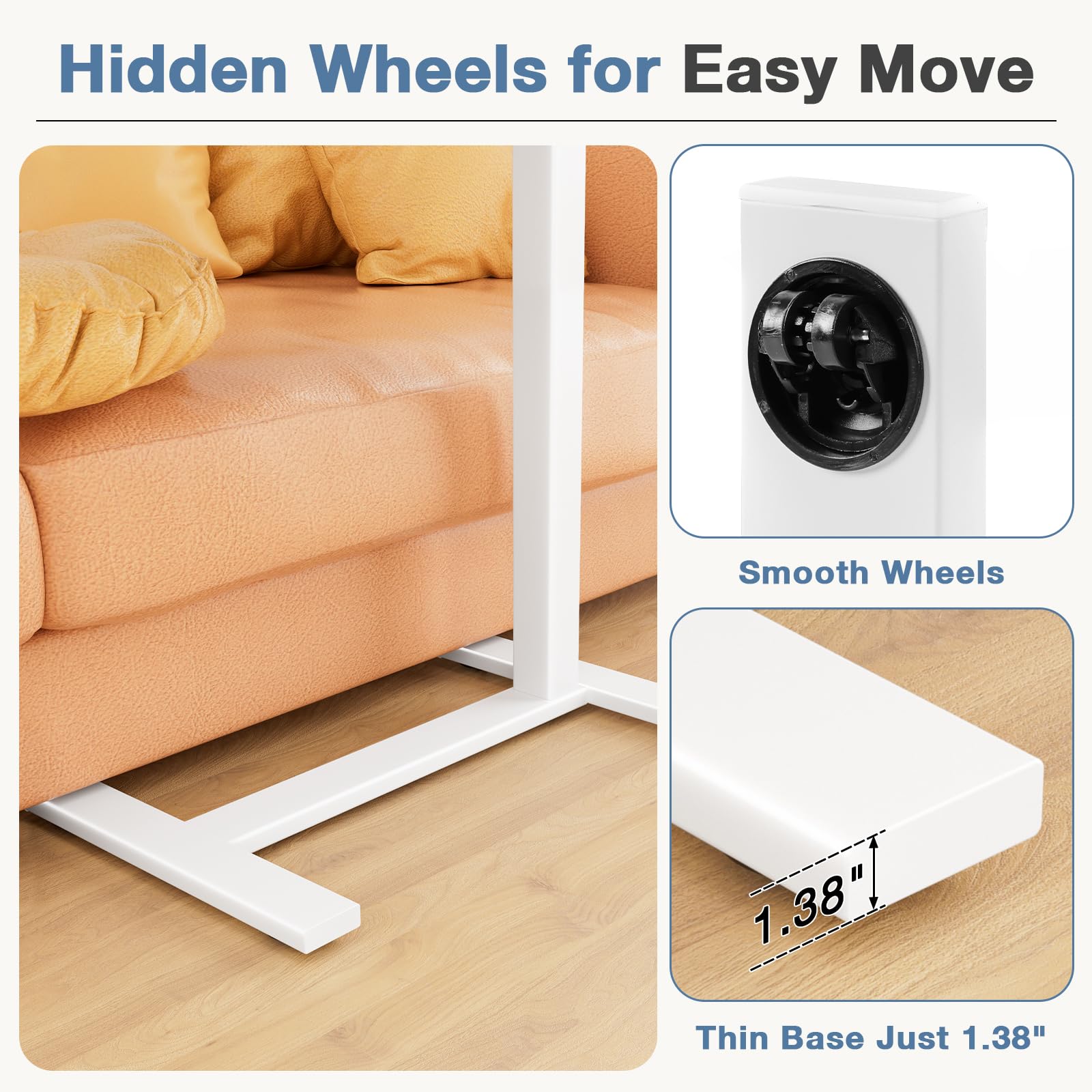 DUMOS Overbed Bedside Table Adjustable with Wheels, Mobile Standing Stand Up Rolling Laptop PC Desks with Tilting Top Height Tray Side Computer Workstation for Bedroom on Hospital Home Use, White