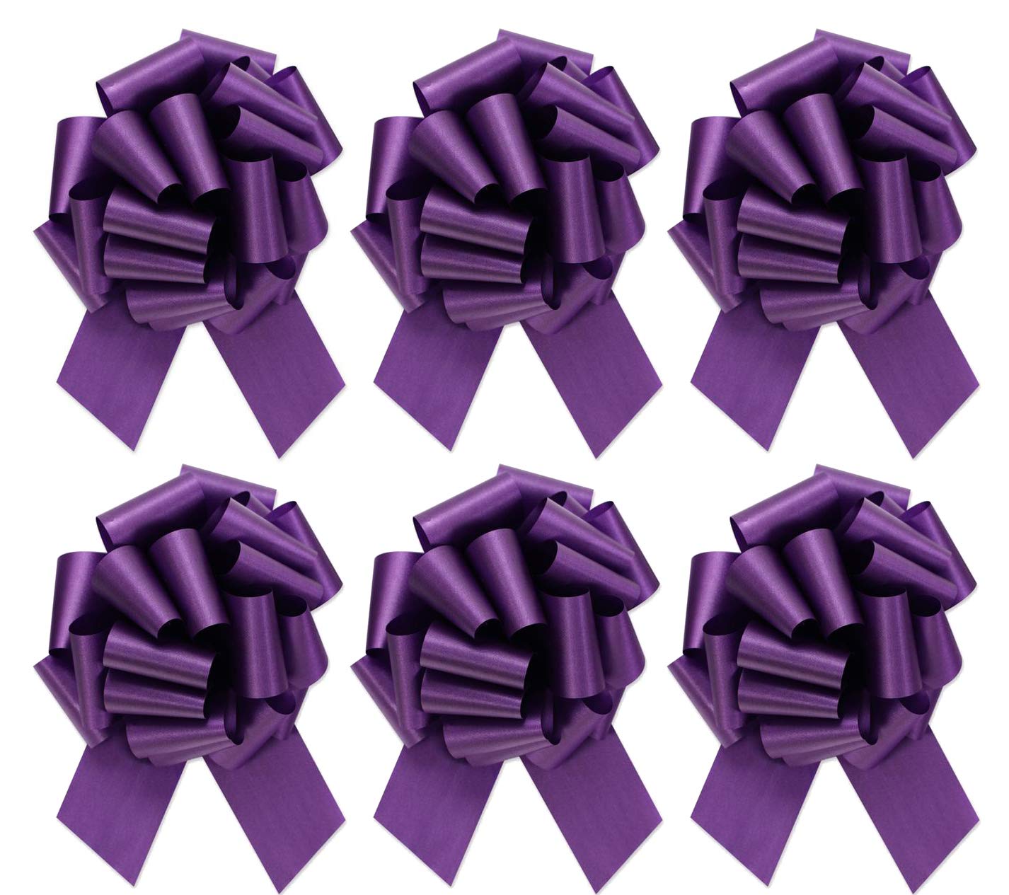 Large Purple Gift Wrap Pull Bows - 5" Wide, Satin Ribbon Big Flower Bows for Birthday Gifts and Presents, Set of 6