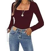 KEEPBEAUTY Womens Long Sleeve Shirts 2025 Sexy Ruched Square Neck Tops Trendy Double Lined Fitted Top Blouses Outfits