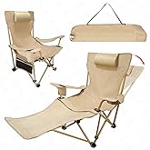 Reclining Camping Chair with Removable Footrest, Portable & Heavy Duty Folding Lounge Chair for Adults with Adjustable Headrest, Cup Holder & Storage, Supports 280 lbs