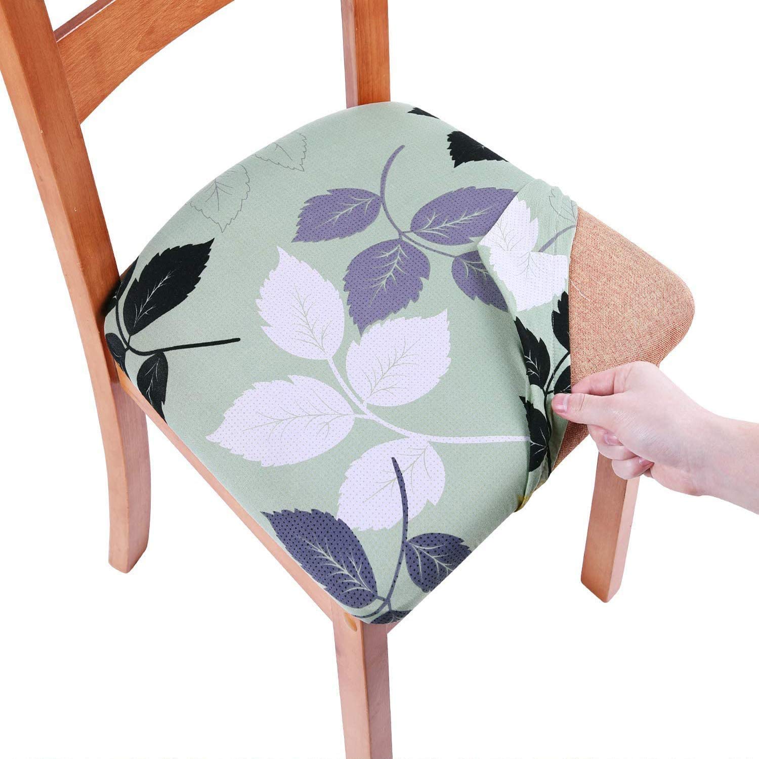 Homaxy Stretch Chair Seat Covers for Dining Room Set of 6, Elastic Dining Chair Seat Protector Cover Removable Washable Chair Slipcovers with Ties, Green Leaves